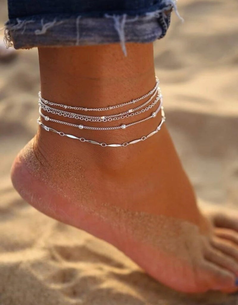 Rotnso Anklets for Women 14K Gold Silver Plated Ankle Bracelets Trendy Waterproof Boho Anklets Set Adjustable Dainty Cute Diamond Beaded Heart Non Tarnish Summer Beach Jewelry Gift - Image 3